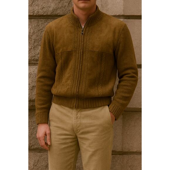 1970s Inserch Cognac Wool Cable Knit Faux Suede Full Old Money Sweater Jacket L - Picture 1 of 4
